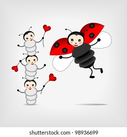 mother ladybug with three babies on ray background - vector illustration