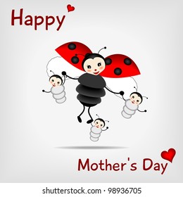 mother ladybug with three babies and text HAPPY MOTHER'S DAY - vector illustration