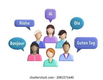 Mother language concept. People pronounce word hello in different languages of world. Group of multilingual men and women. German, English, French, Spanish. Cartoon realistic 3D vector illustration