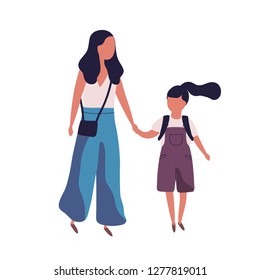 Mother Leading Her Daughter To School. Portrait Of Modern Family. Mom And Little Girl Walking Together. Parent And Schoolgirl Holding Hands Isolated On White Background. Flat Vector Illustration.