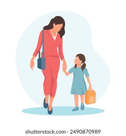 A mother leads her daughter by the hand to school. Mom and little girl are walking together. Parent and schoolgirl. Flat illustration.