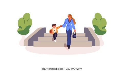 Mother leads her son with ball to playground. Parent and boy hold hands, go down the stairs during walk. Mom and kid play, stroll together. Flat isolated vector illustration on white background