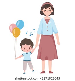 La madre lleva a su hijo de la mano, el niño tiene un montón de globos en las manos