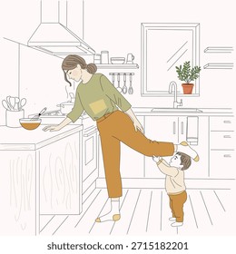 Uma mãe se inclina no balcão enquanto cozinha, seu filho segura a perna, criando um momento familiar quente em uma cozinha moderna