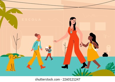 Mother leaving the daughter in front of school in Brazil.