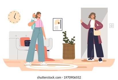 Mother left kids with young nanny at home. Female babysitter taking care of small boy and girl during work day. Teaching children and babysitting activity. Cartoon flat vector illustration