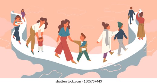 Mother letting go growing child vector illustration. Pregnant woman, mom with infant, toddler, walking with child, teenager. Old mother seeing off adult son. Family bond, eternal parents love concept.