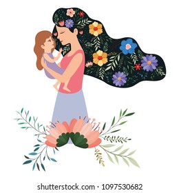mother lifting daughter with floral decoration