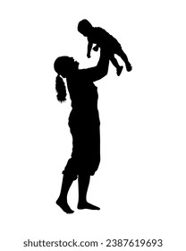 Mother lifting up her baby vector silhouette. Mom have fun playing with little son silhouette.	