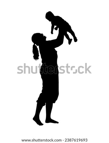 Mother lifting up her baby vector silhouette. Mom have fun playing with little son silhouette.	