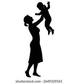 Mother lifting her happy child in the air silhouette isolated on white background