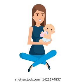 mother lifting little baby character