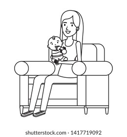 mother lifting little baby seated in sofa
