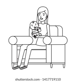 mother lifting little baby seated in sofa