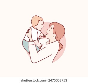 mother lifting and playing with newborn baby. Hand drawn style vector design illustrations.