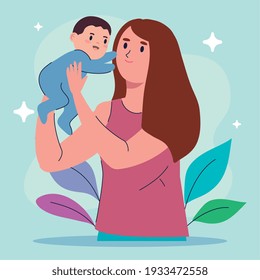 mother lifting son baby characters