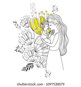 mother lifting son with floral decoration