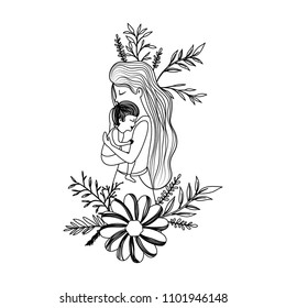 mother lifting son with floral decoration
