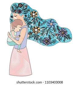 mother lifting son with floral decoration