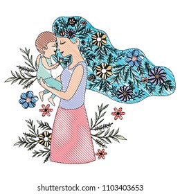 mother lifting son with floral decoration