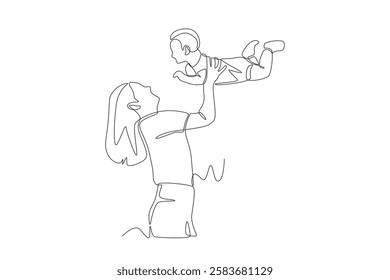 Mother lifts her child. Mother's day concept one-line drawing