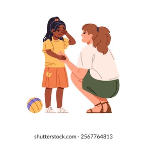 Mother listens to crying little girl. Sad kid tells, complains to mom. Unhappy child asks for help her parent. Communication, support and care in family. Flat isolated vector illustration on white