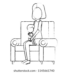 mother with little boy in the sofa characters