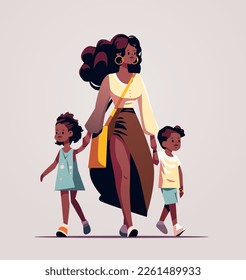 mother and little children walking together mom taking son and daughter to school or kindergarten motherhood