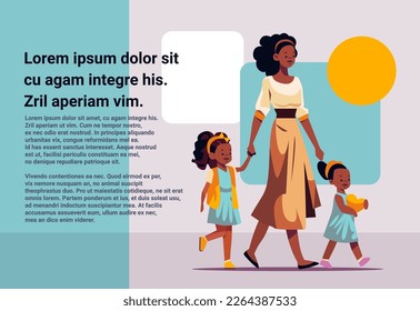 mother and little children walking together mom taking daughters to school or kindergarten motherhood happy family