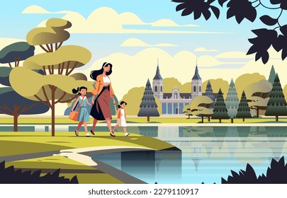 mother and little children walking in urban park together woman spending time with kids outdoor motherhood happy family