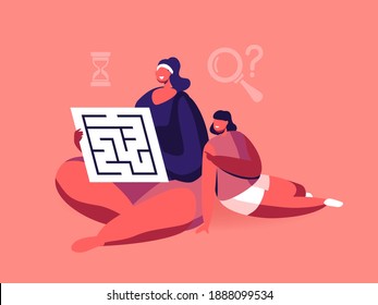 Mother and Little Daughter Characters Solving Labyrinth Puzzle Sitting at Home. Family Spare Time, Leisure, Domestic Pastime Activity, Mind Development Concept. Cartoon People Vector Illustration