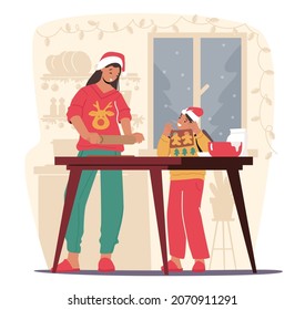 Mother and Little Daughter Cooking Christmas Cookies on Kitchen. Happy Woman and Girl Wear Santa Hats and Xmas Clothes Having Fun Together Prepare Festive Bakery. Cartoon People Vector Illustration