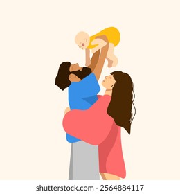 mother and little daughter holding baby in hands. mother and daughter with baby. family, motherhood, parenthood. flat vector illustration.