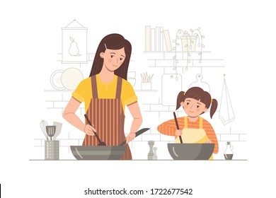 Mother and little daughter making food together. Cooking with kids. Vector illustration in a flat trend style on a white background.