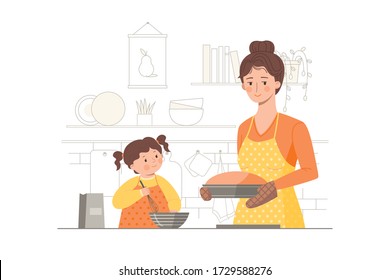 12 Happy Family With Mum And Daughter Cooking In Kitchen Vector Cartoon ...