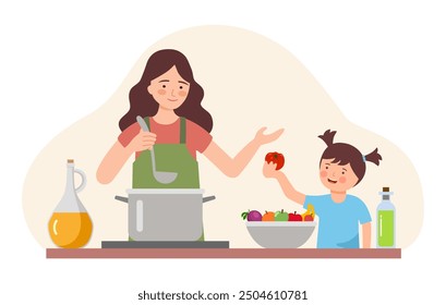 Mother and little daughter making food together. Cooking with kids. Vector illustration in a flat design.