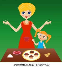 mother with little daughter prepare delicious cake, vector illustration