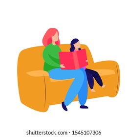 Mother and little daughter reading fairy tale. Woman and girl sitting on couch with book vector illustration. Motherhood, family concept for banner, website design or landing web page