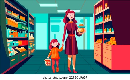 madre e hija pequeña comprando en el supermercado productos de la familia de carritos en tiendas comprando comestibles