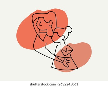 A mother with a little daughter in a simple line style, vector illustration