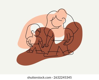 A mother with a little daughter in a simple line style, vector illustration
