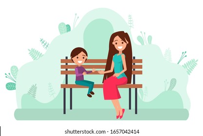 Mother with little daughter sitting on wooden bench in park. Young woman and child smiling and playing. Mum with kid spending time outdoors vector