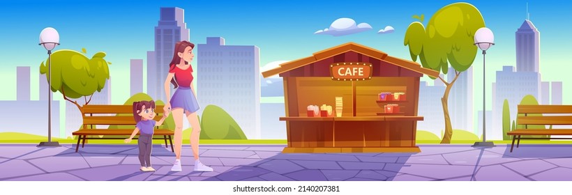 Mother and little daughter stand at outdoor cafe in city park, family walk, weekend leisure. Young woman hold baby girl hand near stall with food and drinks in urban garden Cartoon vector illustration