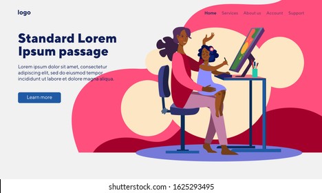 Mother and little daughter using graphic editor together. Designer working with kid flat vector illustration. Drawing, freelance, motherhood concept for banner, website design or landing web page