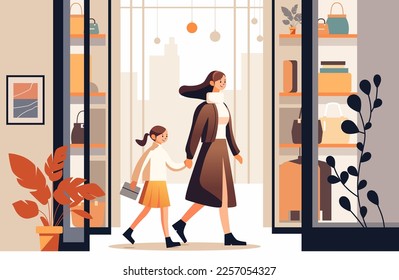 mother and little daughter walking together in modern fashion shop motherhood family shopping concept