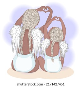 Mother and little daughter,in swimsuits with angel wings, on the beach with mom, cute illustration of maternal love, vector illustration of mom, greeting card, textile printing