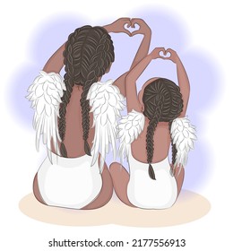 Mother and little daughter,in swimsuits with angel wings, on the beach with mom, cute illustration of maternal love, vector illustration of mom, greeting card, textile printing