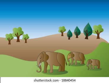 Mother and little elephants on the savana