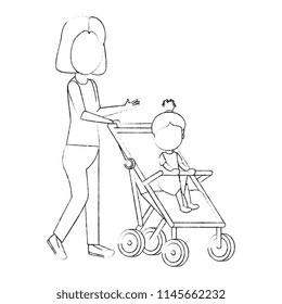 mother with little girl baby in cart