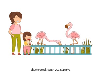 Mother with Little Girl Looking at Pink Flamingo Behind Enclosure at Zoo Vector Illustration
